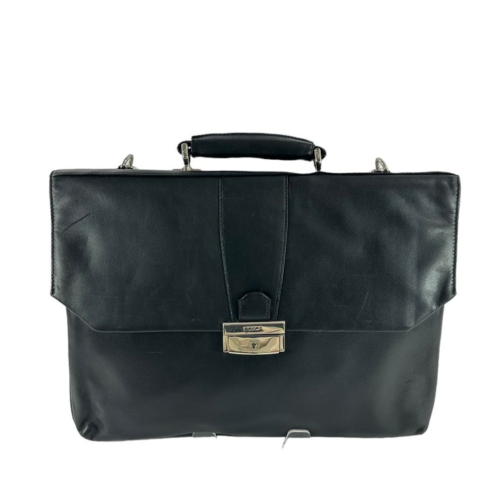 Vintage BOSCA double gusset black leather briefcase with shoulder strap